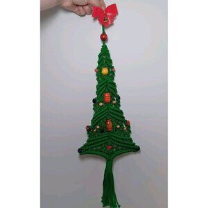 Vintage Handcrafted Macrame Christmas Tree Wall Hanging Green Wood Beads MCM 20"